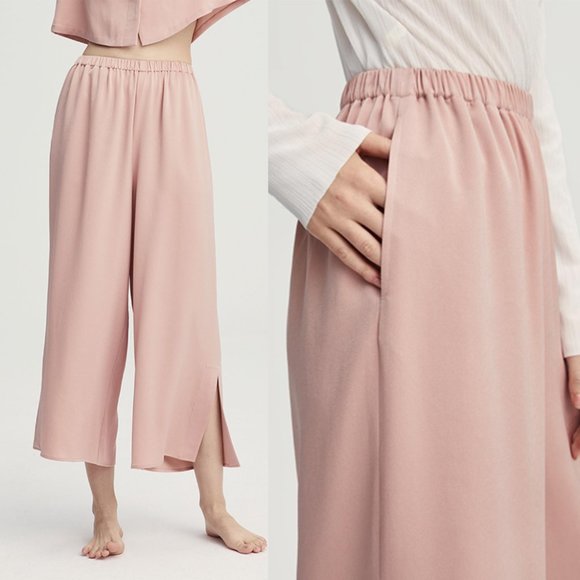 Nap Loungewear Pants - Nap Loungewear Wide Leg Slit Pants Satin Dusty Misty Rose Pink Cropped Small
